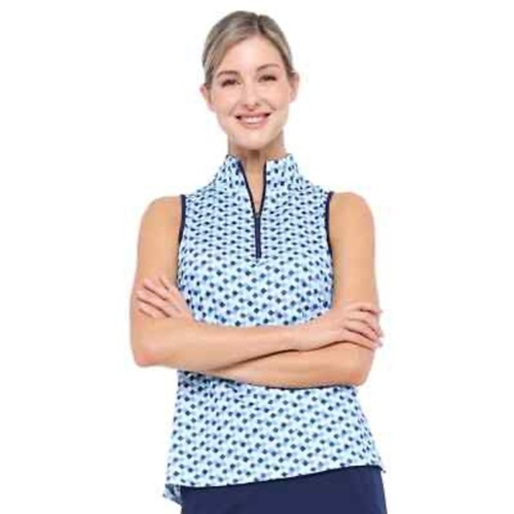 BELYN KEY Poolside Tile Cutaway Sleeveless Mock Golf Shirt Sz Small 1/4 zip tank
